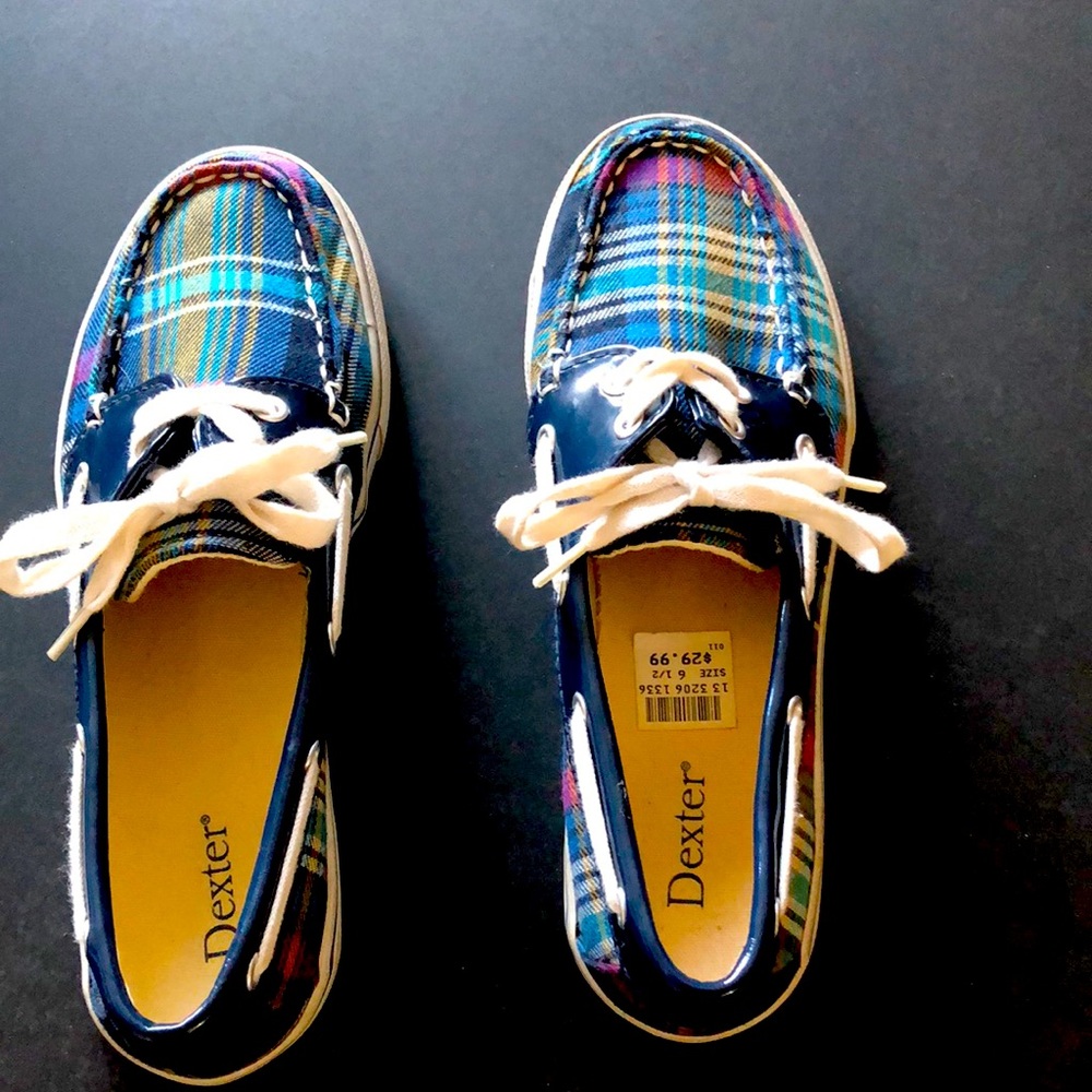 Blue plaid cloth women’s loafers. Size 6 1/2, white laces